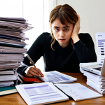 **

A person sitting at a desk covered in notebooks and books, looking overwhelmed. A laptop displays a messy spreadsheet titled "AI Skills Budget." Stacks of online course printouts and bookmarks are scattered around. The overall feeling is one of confusion and a need for organization.

**