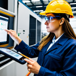 A competent female industrial technician, wearing a professional work uniform, safety glasses, and a hard hat, stands on a clean, modern factory floor. She is intently looking at a complex industrial machine, interacting with an augmented reality (AR) overlay visible through smart safety glasses, showing real-time step-by-step troubleshooting instructions and 3D diagrams directly on the machine's components. Her hands are naturally posed, holding a rugged tablet displaying supplementary data. The background is a well-lit, organized manufacturing plant with high-tech machinery. Professional photography, high-resolution, sharp focus, vibrant colors, fully clothed, appropriate attire, safe for work, perfect anatomy, correct proportions, well-formed hands, proper finger count, natural body proportions, modest clothing.