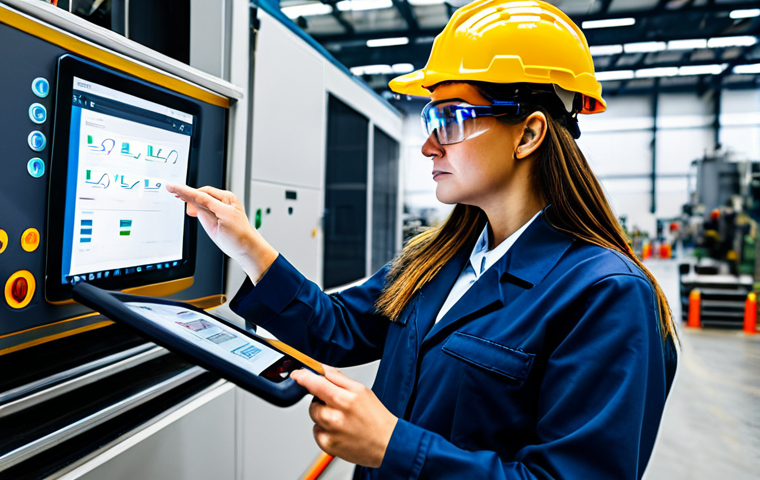 A competent female industrial technician, wearing a professional work uniform, safety glasses, and a hard hat, stands on a clean, modern factory floor. She is intently looking at a complex industrial machine, interacting with an augmented reality (AR) overlay visible through smart safety glasses, showing real-time step-by-step troubleshooting instructions and 3D diagrams directly on the machine's components. Her hands are naturally posed, holding a rugged tablet displaying supplementary data. The background is a well-lit, organized manufacturing plant with high-tech machinery. Professional photography, high-resolution, sharp focus, vibrant colors, fully clothed, appropriate attire, safe for work, perfect anatomy, correct proportions, well-formed hands, proper finger count, natural body proportions, modest clothing.