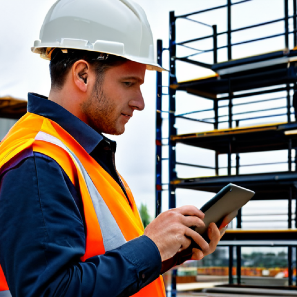 Mobile Learning App for Construction Safety**
"A construction worker wearing a hard hat and safety vest, fully clothed, looking at a mobile learning app on a tablet device, appropriate attire, construction site background with scaffolding and safety signage visible, safe for work, professional learning environment, perfect anatomy, natural proportions, well-formed hands, proper finger count, realistic lighting, family-friendly."
**