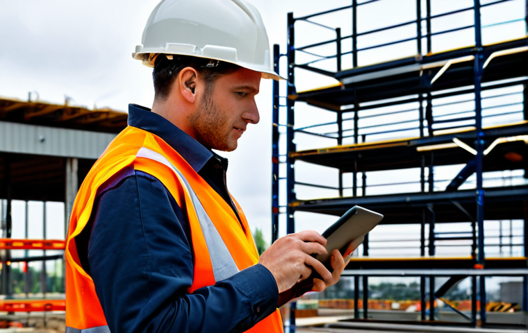 Mobile Learning App for Construction Safety**
"A construction worker wearing a hard hat and safety vest, fully clothed, looking at a mobile learning app on a tablet device, appropriate attire, construction site background with scaffolding and safety signage visible, safe for work, professional learning environment, perfect anatomy, natural proportions, well-formed hands, proper finger count, realistic lighting, family-friendly."
**