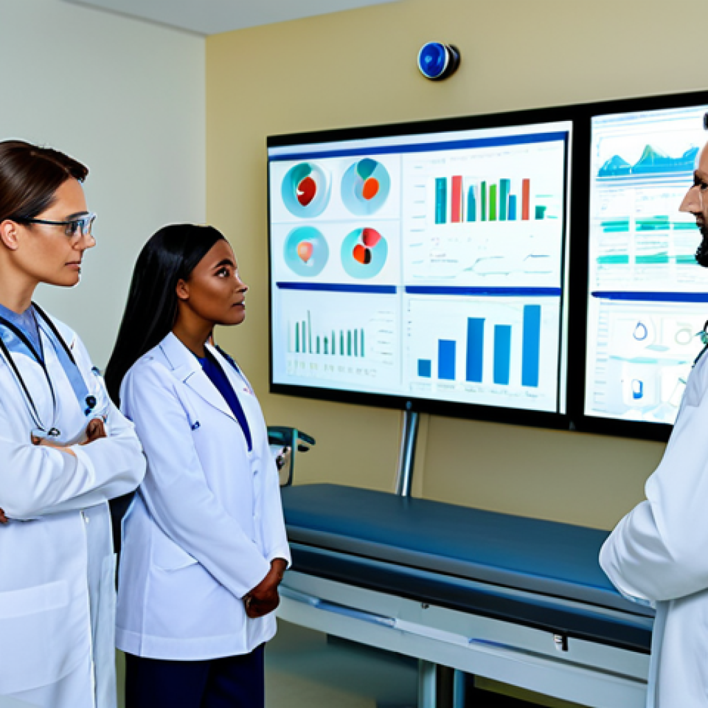 **Prompt:** A diverse team of healthcare professionals in a modern hospital setting, analyzing medical data on a large screen, fully clothed, appropriate content, safe for work, professional attire, perfect anatomy, natural proportions, family-friendly, digital art.