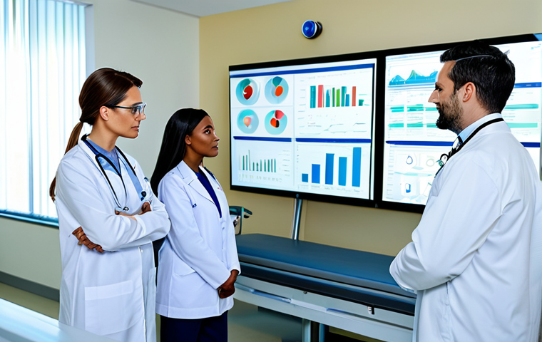 **Prompt:** A diverse team of healthcare professionals in a modern hospital setting, analyzing medical data on a large screen, fully clothed, appropriate content, safe for work, professional attire, perfect anatomy, natural proportions, family-friendly, digital art.
