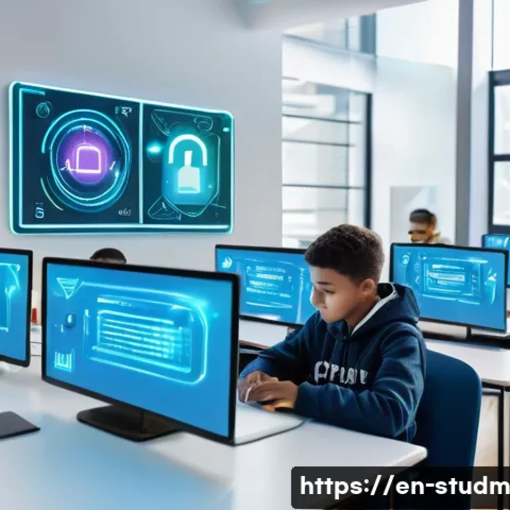 적시 학습 자원 활용의 보안 문제 - A futuristic digital learning environment featuring diverse students engaging with just-in-time lear...