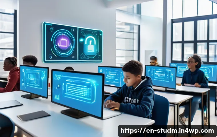 적시 학습 자원 활용의 보안 문제 - A futuristic digital learning environment featuring diverse students engaging with just-in-time lear...