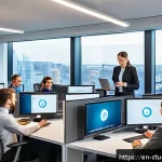 Home 21 적시 학습 자원 활용을 위한 성과 측정 방법 - A modern corporate office setting showing a diverse group of professionals engaged in a just-in-time...