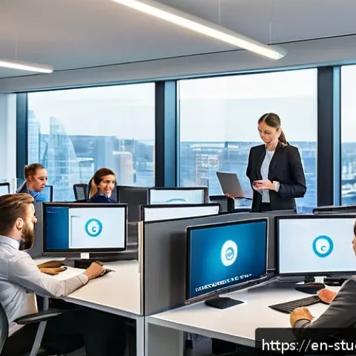 Home 33 적시 학습 자원 활용을 위한 성과 측정 방법 - A modern corporate office setting showing a diverse group of professionals engaged in a just-in-time...
