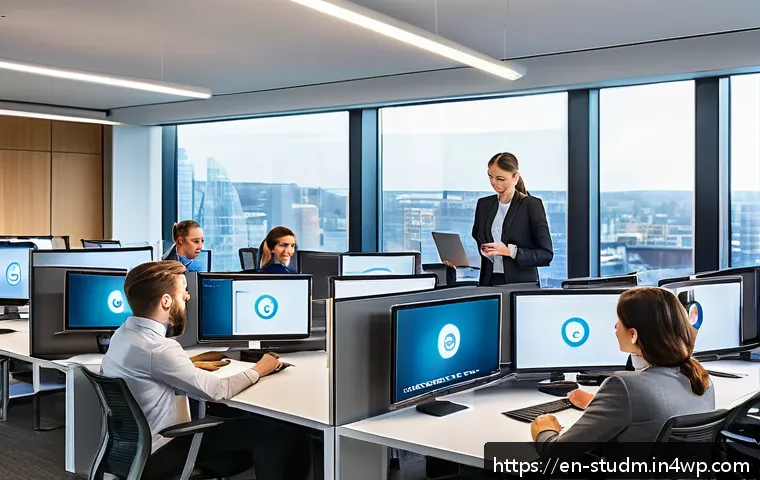 적시 학습 자원 활용을 위한 성과 측정 방법 - A modern corporate office setting showing a diverse group of professionals engaged in a just-in-time...