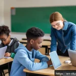 Home 20 적시 학습 자원 활용 시 고려해야 할 윤리적 문제 - A modern classroom scene featuring a diverse group of students using laptops and tablets for just-in...