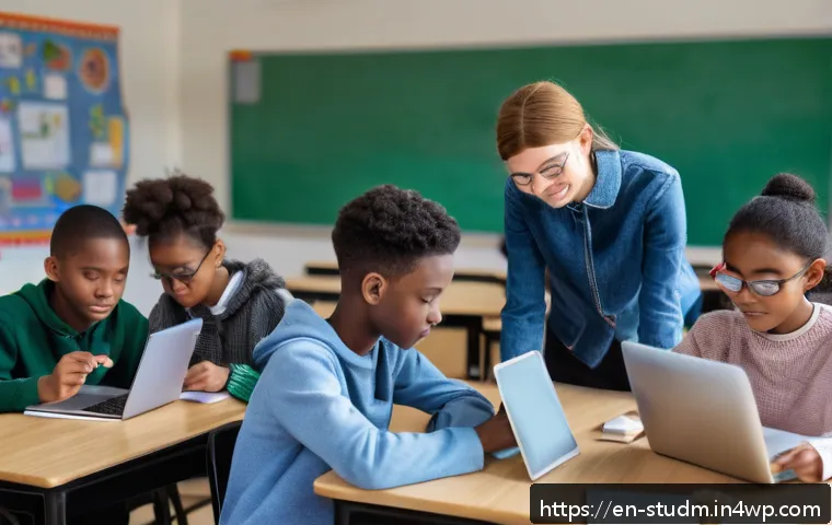 적시 학습 자원 활용 시 고려해야 할 윤리적 문제 - A modern classroom scene featuring a diverse group of students using laptops and tablets for just-in...