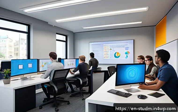 적시 학습 자원 활용을 위한 사례 연구 - A modern technology office environment showing a diverse group of software developers collaborating ...