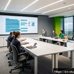 Home 18 적시 학습 자원 활용을 위한 직무 분석 방법 - A modern corporate training room scene showing a diverse group of professionals engaged in a collabo...