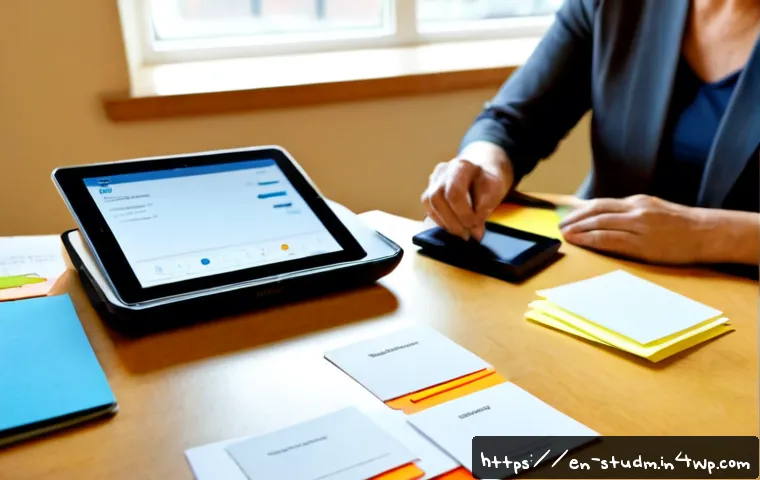 적시 학습 자원 활용을 위한 사례 기반 학습 방법 - Photorealistic workplace learning scene, a middle-aged project manager at a clean home-office desk u...